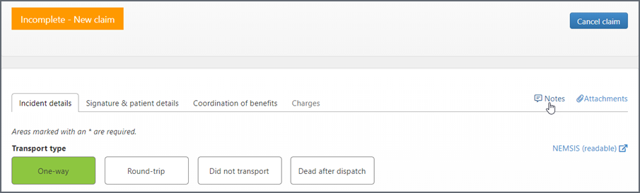 Add a note from any page in the incomplete claim workflow.